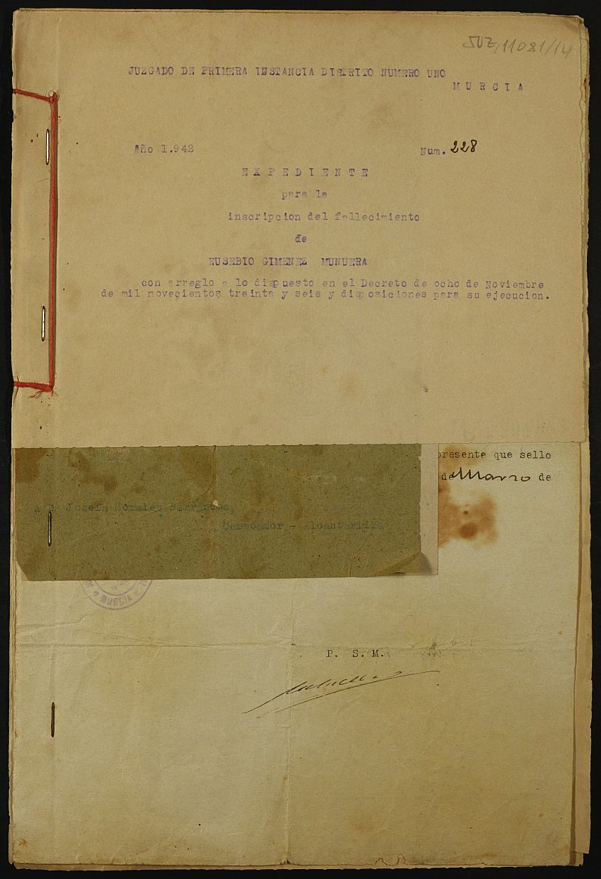 Expediente nº 228/1942 del Juzgado de Primera Instancia de Murcia para la inscripción en el Registro Civil por la defunción en el frente de Eusebio Giménez Munuera.